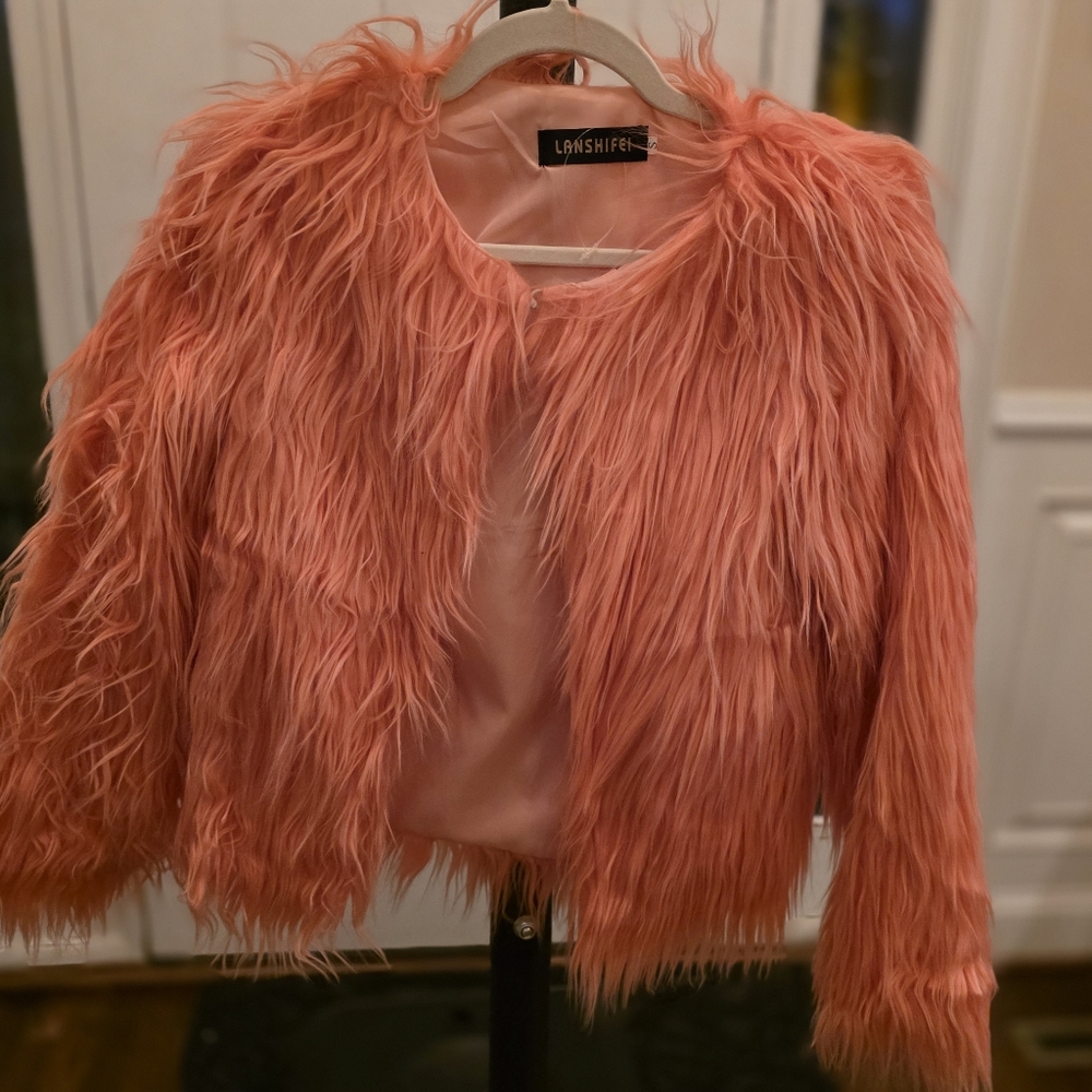 Lanshifei Vibrant Orange Pink Shaggy Faux Fur Jacket. S. Vintage